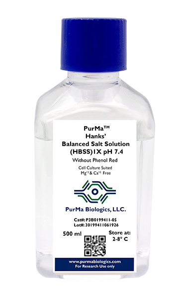 PurMa Hanks Balanced Salt Solution HBSS 1X pH 7.4 without phenol red, 500 mL bottle, catalog number P3B0199411-05
