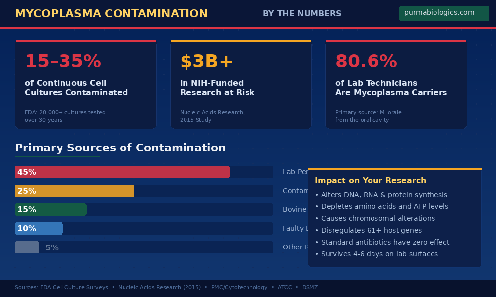Infographic showing mycoplasma contamination statistics - 15 to 35 percent of cultures contaminated, 3 billion dollars in research at risk, 80.6 percent of technicians are carriers