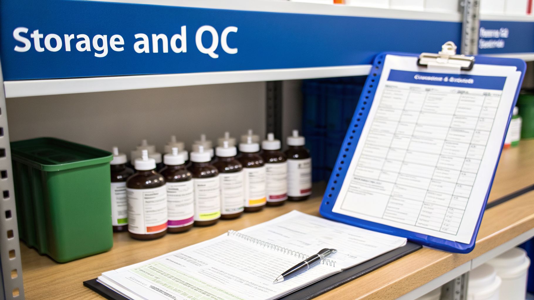 Lab storage shelf with 'Storage and QC' sign, brown bottles, clipboard, and open notebook with a pen.