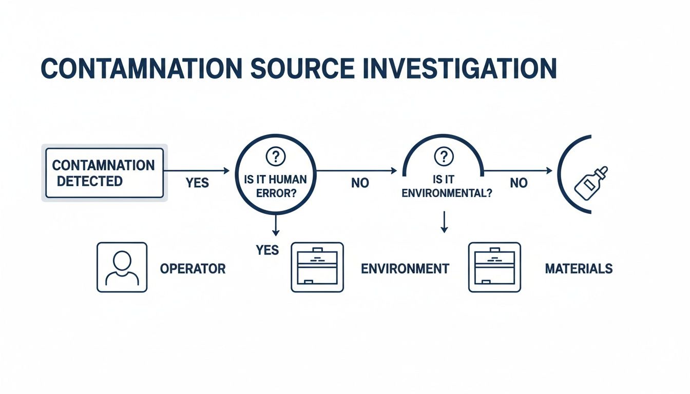 A flowchart detailing contamination source investigation, identifying human error, environmental factors, or materials.