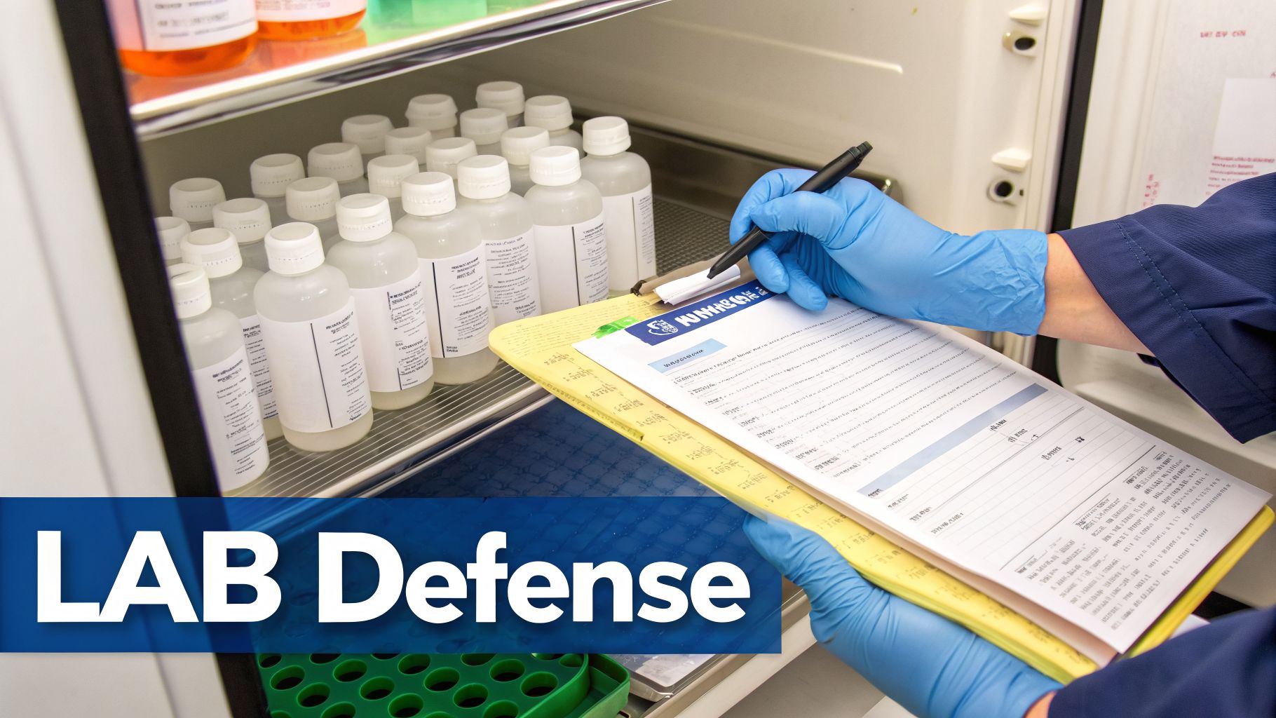 Person in blue gloves writing on a clipboard next to numerous bottles in a lab refrigerator, with 'LAB Defense' text.