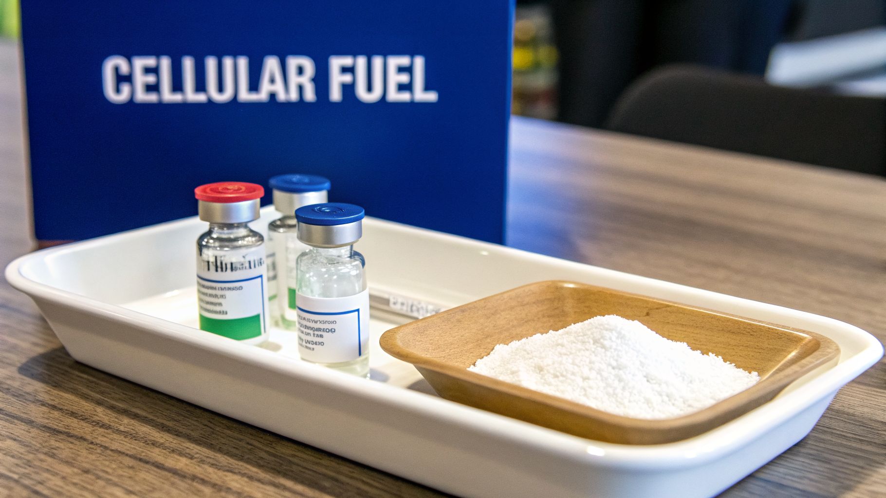 A white tray holds vials with red and blue caps, white powder, and a 'CELLULAR FUEL' sign.
