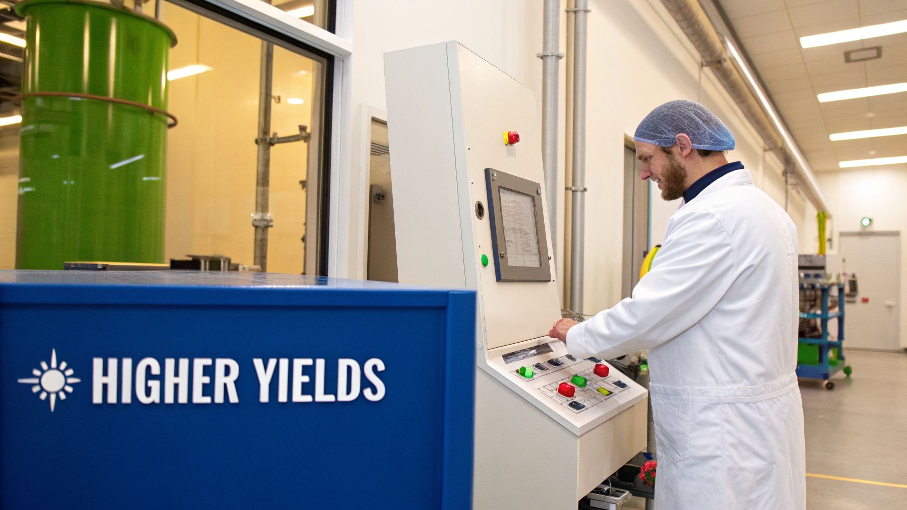 A scientist in a lab coat and hairnet operates a control panel next to a blue machine with 'HIGHER YIELDS' and a green tank.