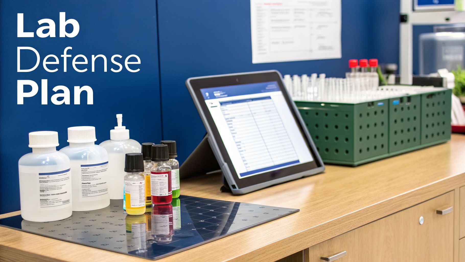 A laboratory workstation featuring various bottles, a tablet displaying data, and 'Lab Defense Plan' text.