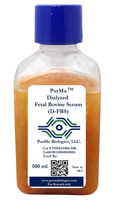 PurMa Dialyzed Fetal Bovine Serum (D-FBS) 500 mL bottle, catalog number P3F013304-500