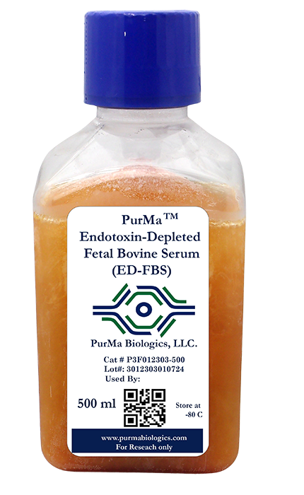 PurMa Endotoxin-Depleted Fetal Bovine Serum (ED-FBS) 500 mL bottle, catalog number P3F012303-500