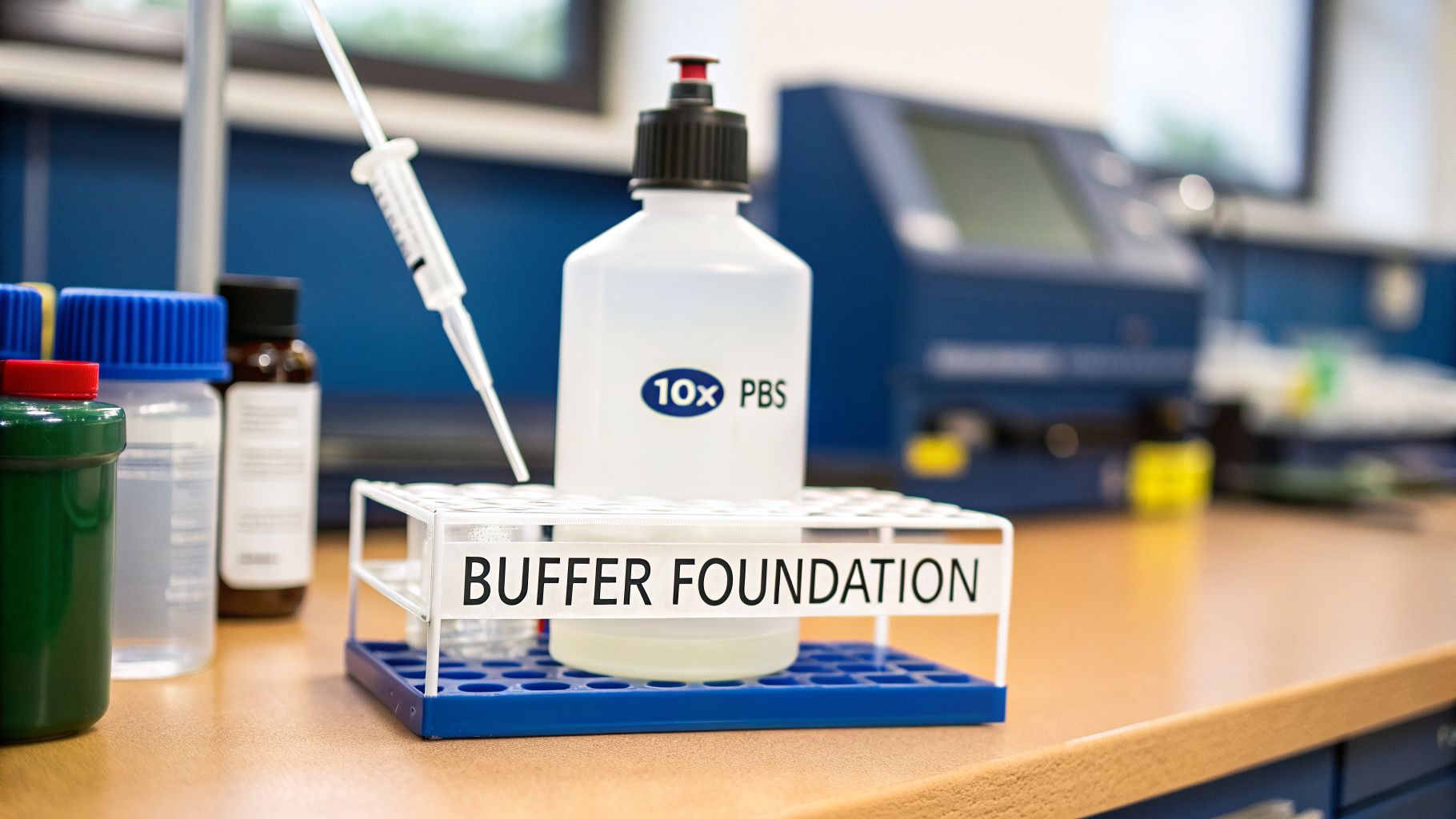 A close-up of a laboratory workbench with bottles, a syringe, and a test tube rack labeled “BUFFER FOUNDATION” and “10x PBS”.
