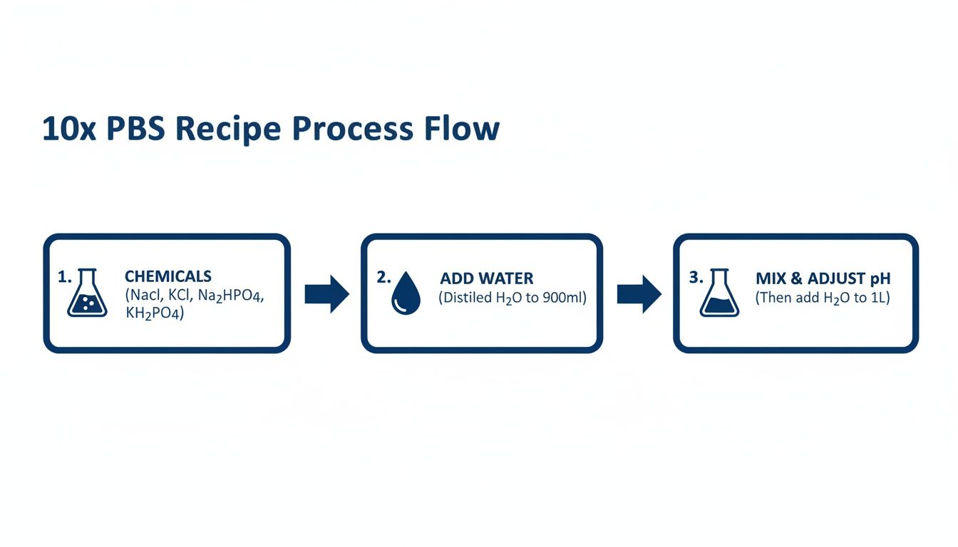 A 10x PBS recipe process flow diagram illustrating three steps for solution preparation.
