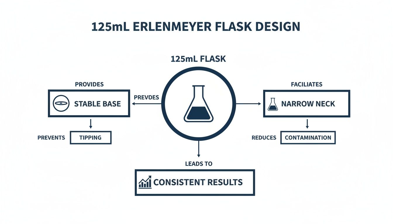 Flowchart detailing 125mL Erlenmeyer flask design: stable base prevents tipping, narrow neck reduces contamination, ensuring consistent results.