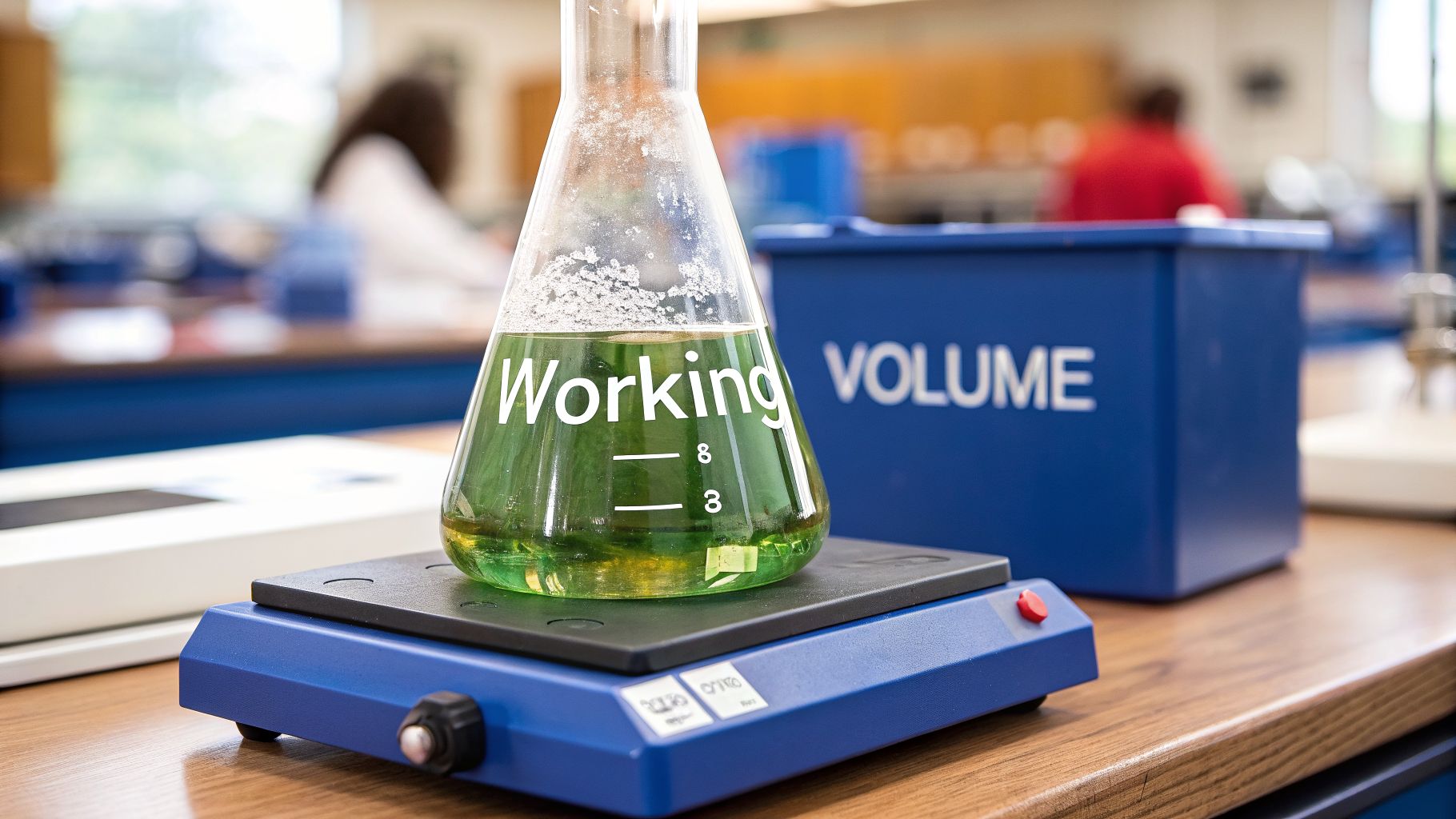 An Erlenmeyer flask with green liquid labeled 'Working' sits on a hot plate in a lab.