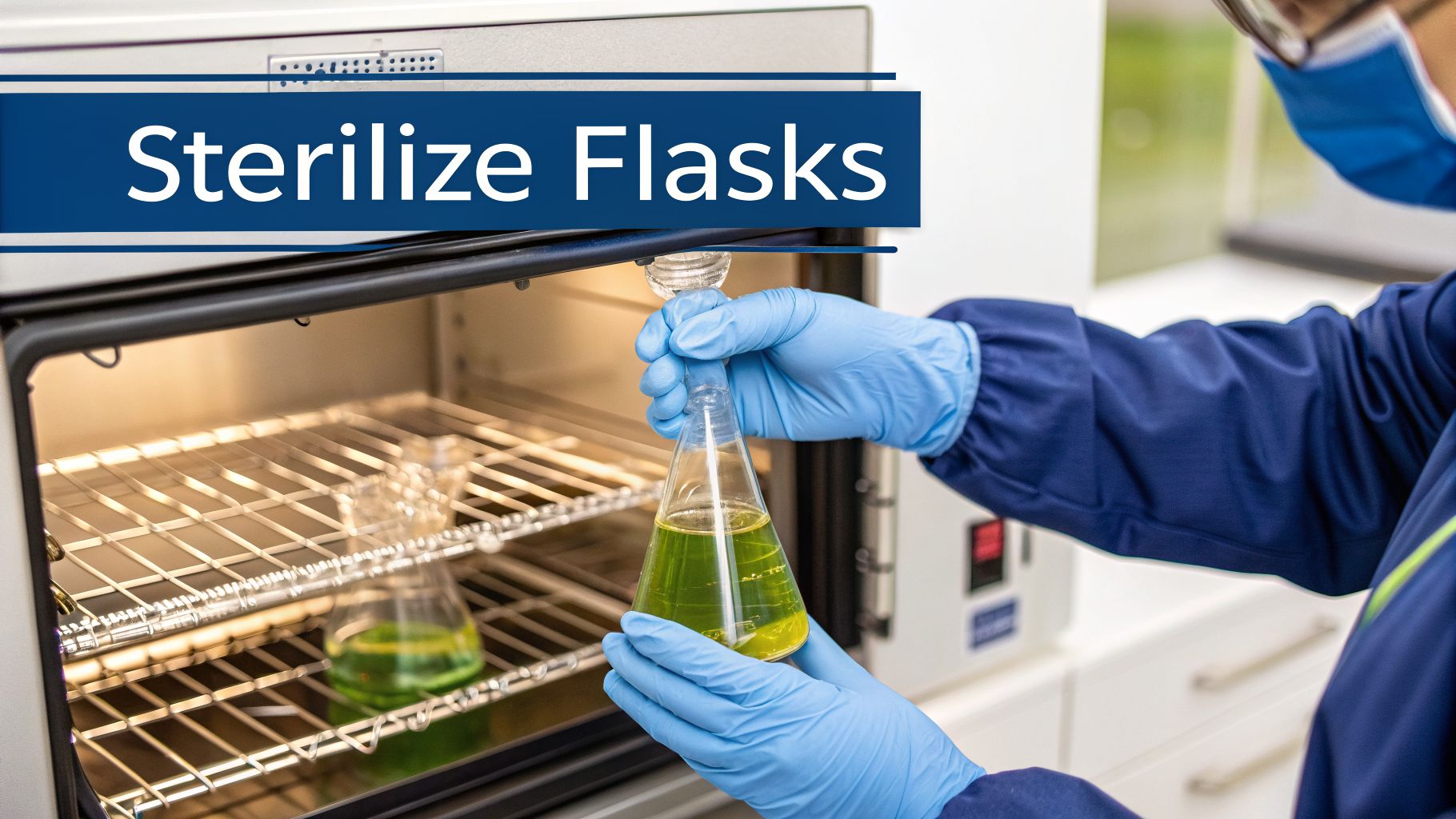 A scientist in blue gloves sterilizes flasks with green liquid in a laboratory oven.