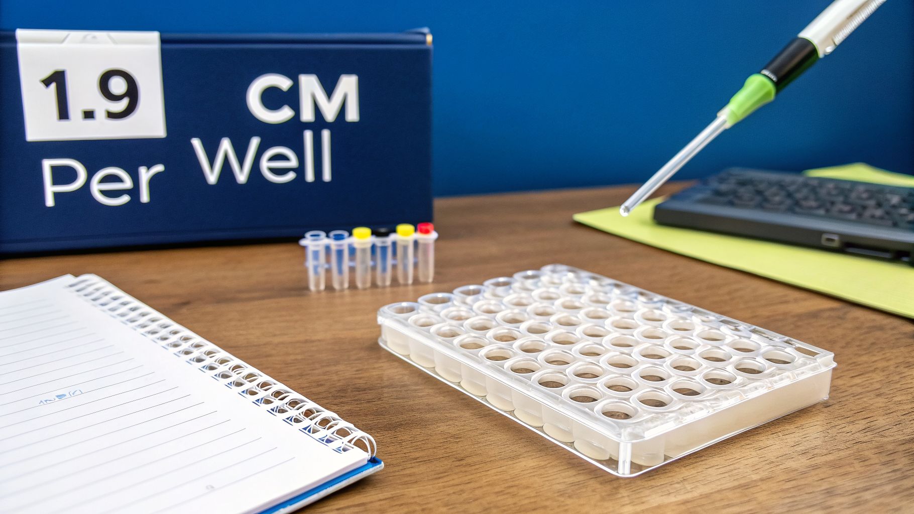 Scientific lab setup with a 24-well plate, micropipette, test tubes, and a sign showing 1.9 CM per well.