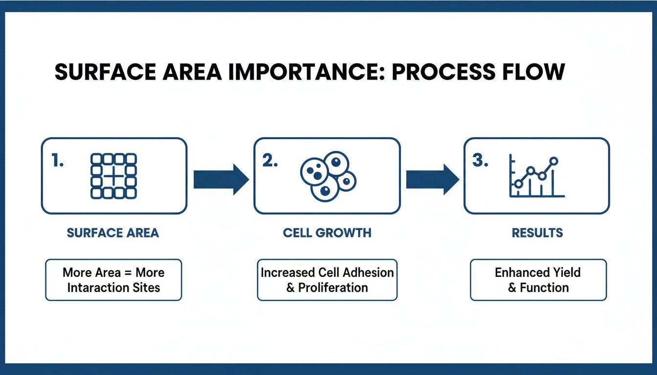 Process flow diagram illustrating surface area's importance for cell growth, adhesion, and enhanced yield.