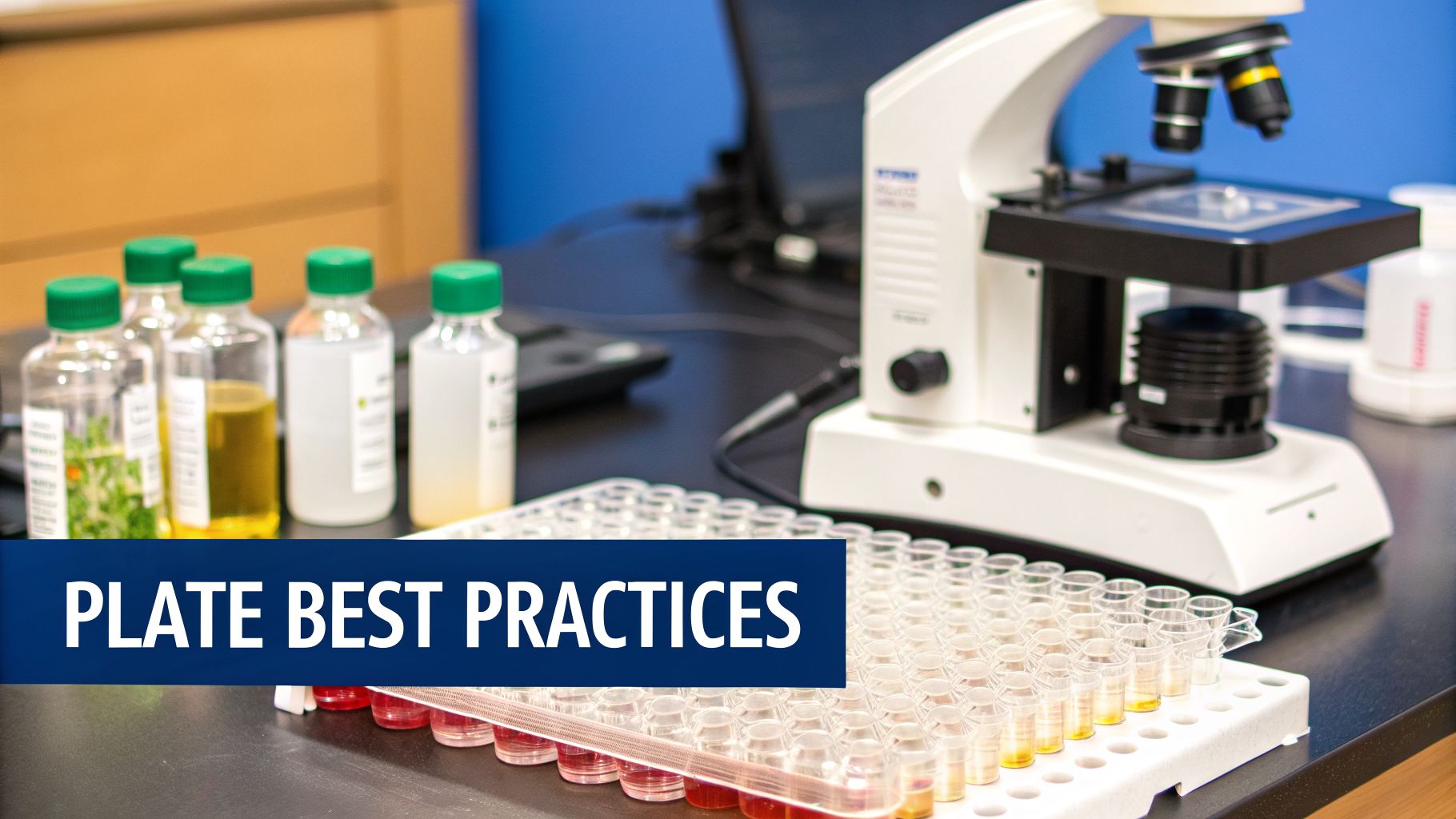 A laboratory bench showing a microscope, reagent bottles, and a multi-well plate with liquid samples.