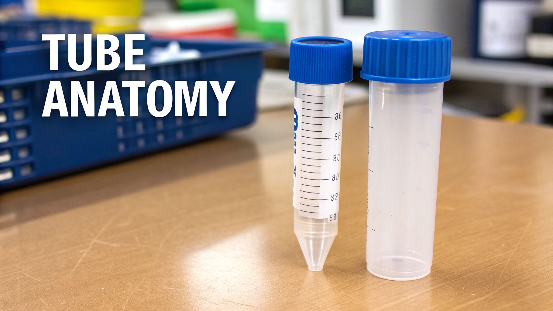 Two clear laboratory centrifuge tubes with blue caps, one conical with volume markings, on a wooden lab bench.