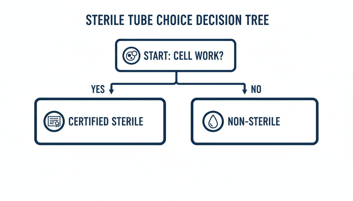 Decision tree for sterile tube choice: 'Cell Work?' leads to 'Certified Sterile' or 'Non-Sterile'.