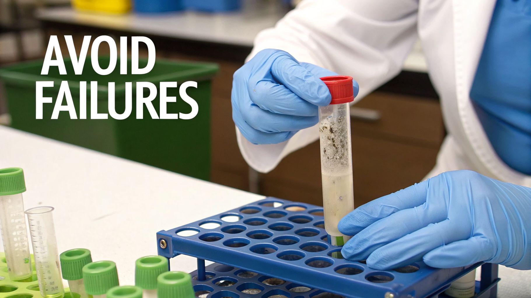 A scientist in blue gloves places a contaminated centrifuge tube into a lab rack with other tubes.