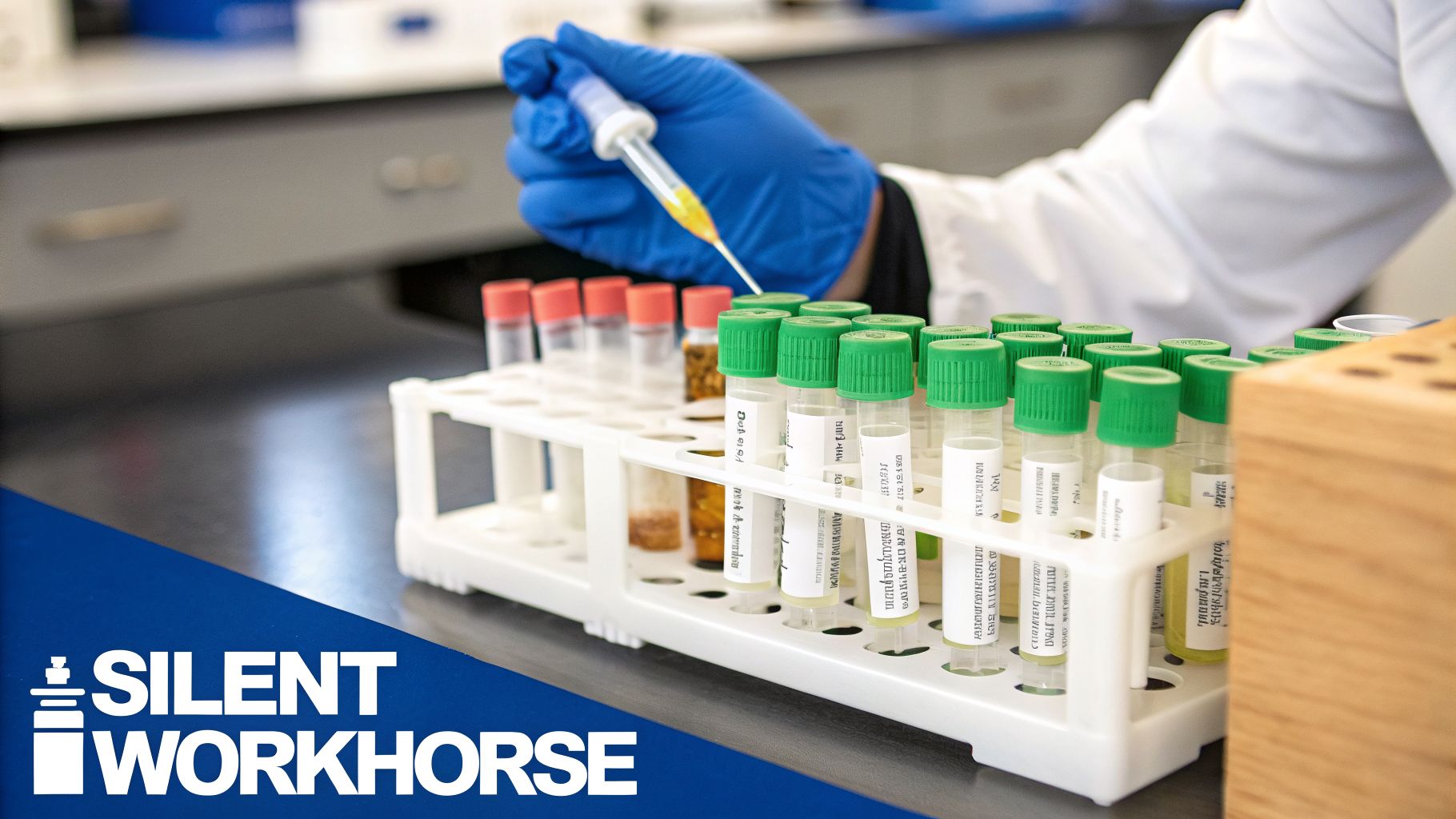 A researcher carefully dispenses yellow liquid into a test tube from a full rack in a laboratory.