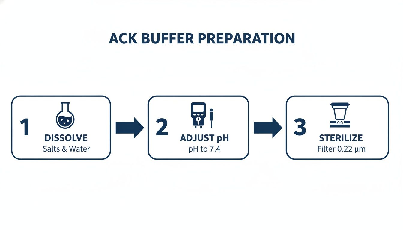A three-step infographic for ACK buffer preparation: dissolve salts, adjust pH to 7.4, and sterilize by filtration.