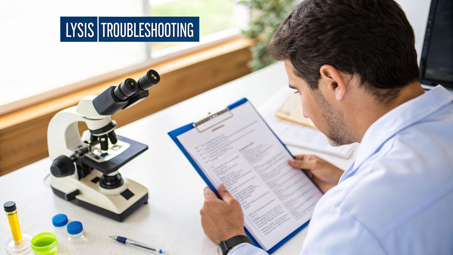 A scientist reviews documents at a lab bench with a microscope, illustrating lysis troubleshooting.