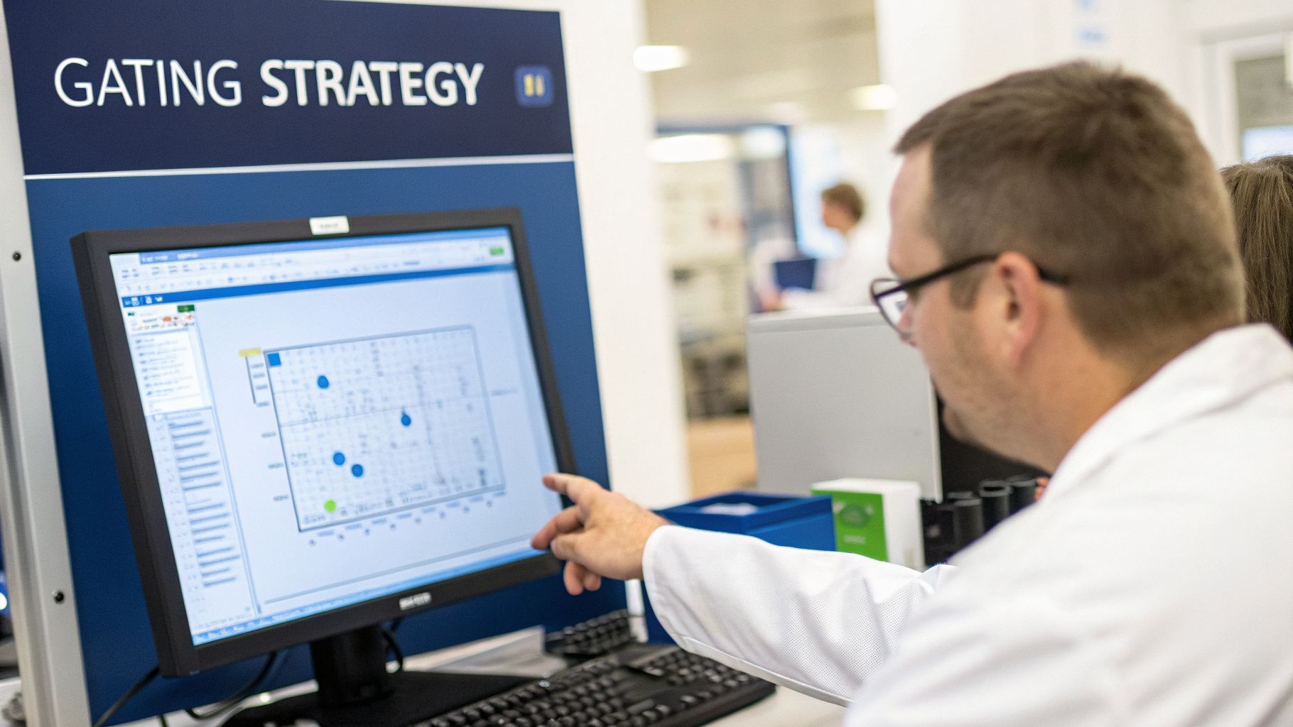 A scientist in a lab coat points at a computer screen displaying a data chart in a laboratory setting.