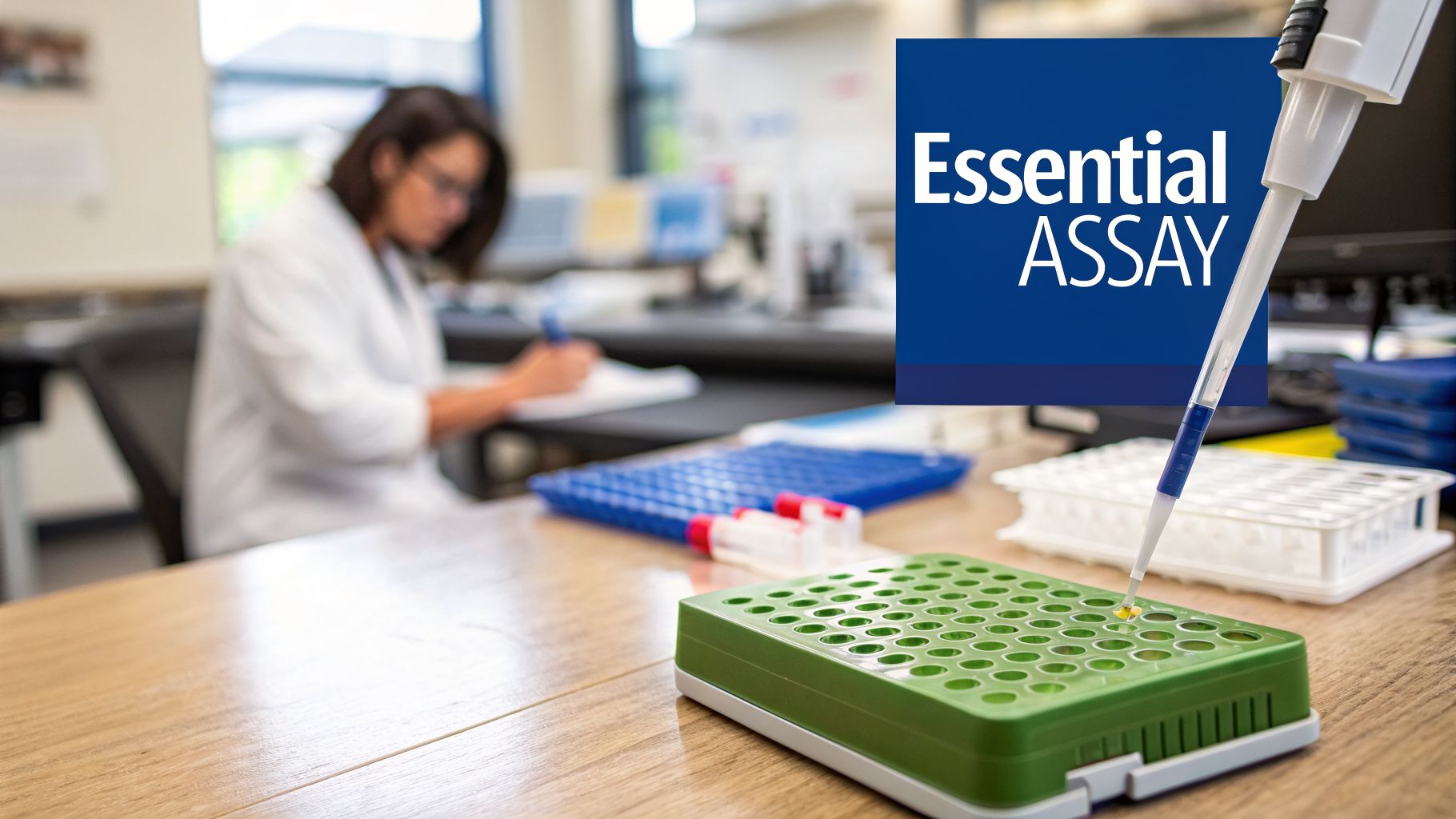 A scientist performs an essential assay experiment, pipetting liquid into a microplate in a laboratory.