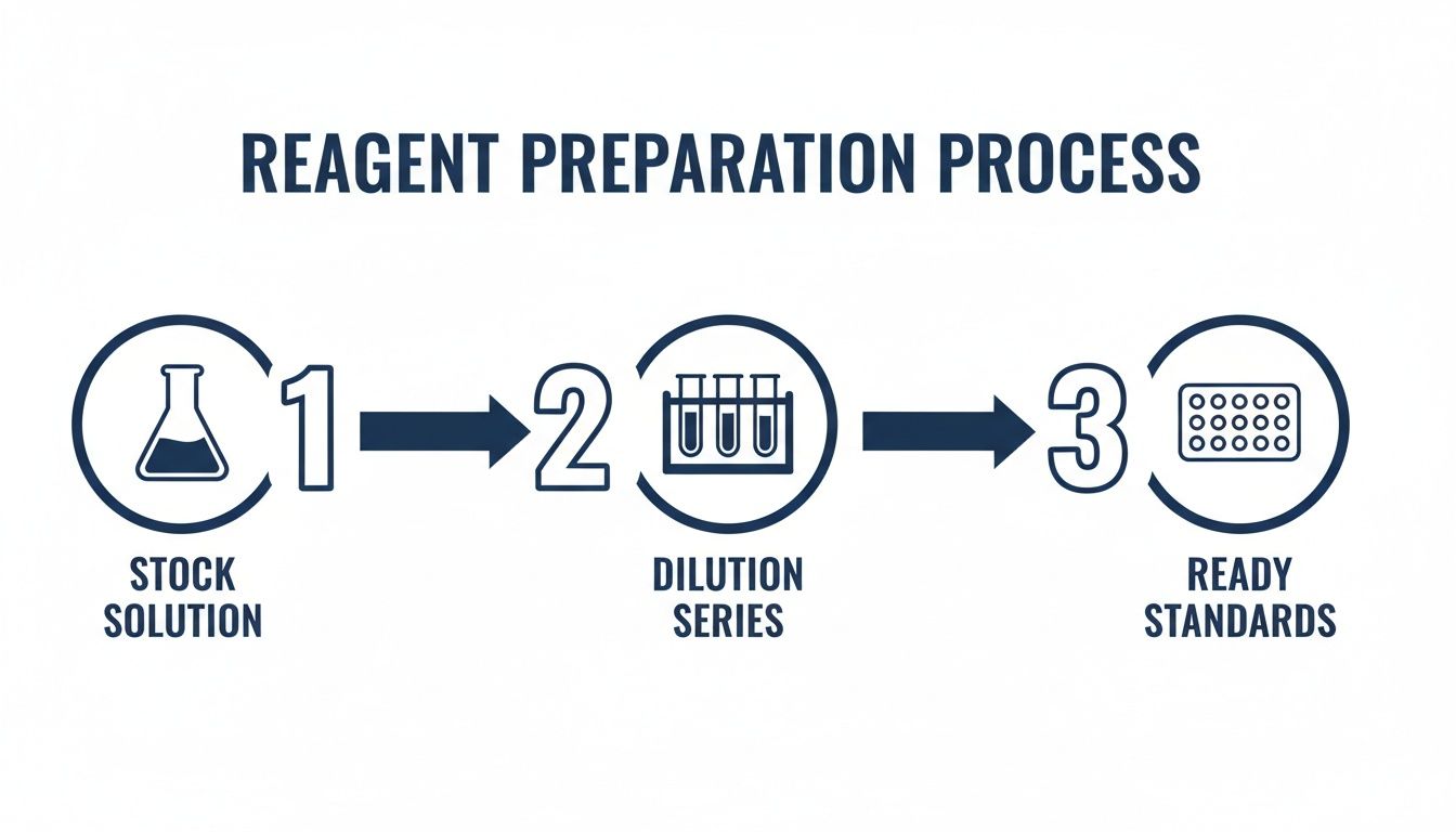 A diagram illustrating the reagent preparation process, showing steps from stock solution to dilution series and ready standards.