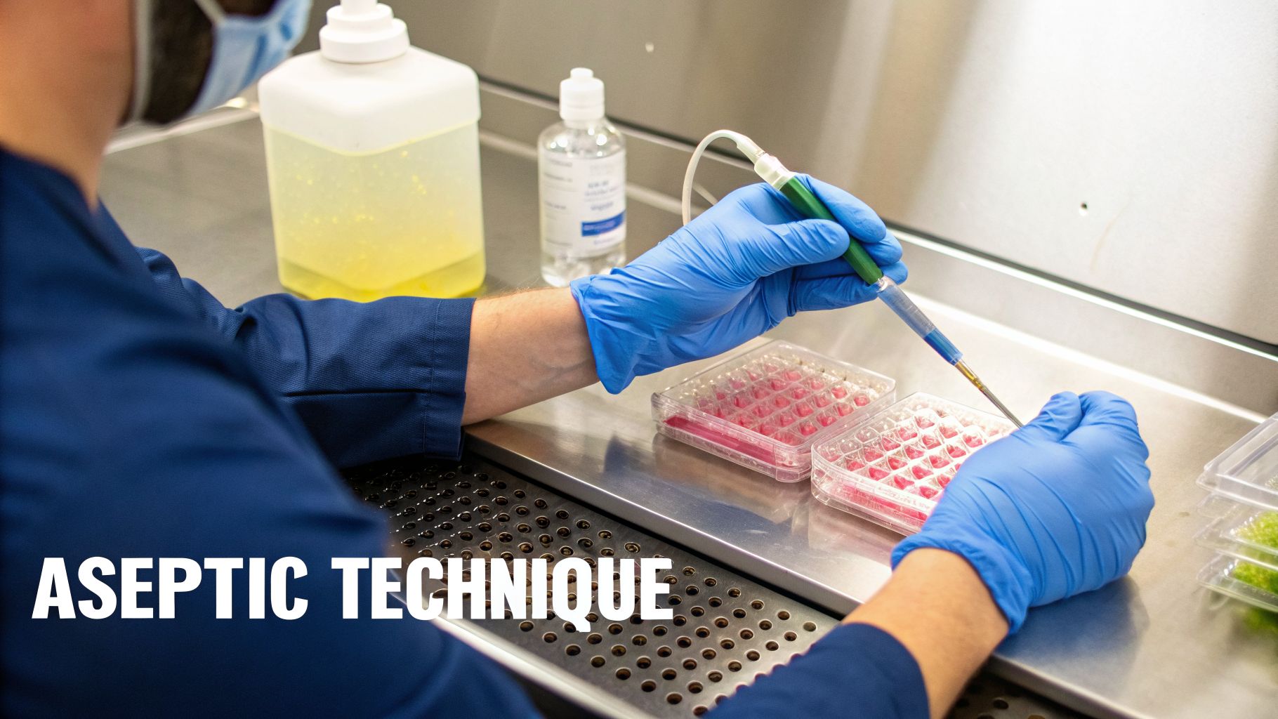 Scientist in blue gloves performing aseptic technique with cell culture plates in a laboratory.