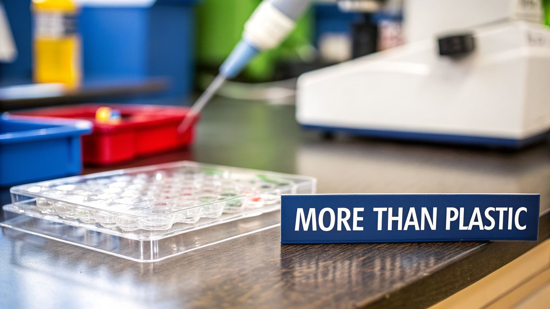 A scientific laboratory scene with stacked cell culture plates, a pipette, and lab equipment on a wooden bench, featuring a sign 'MORE THAN PLASTIC'.