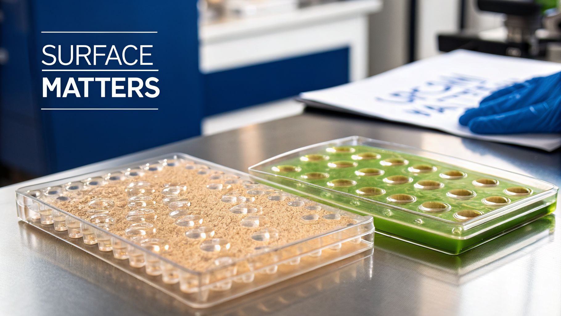 Two multi-well plates, one with brown powder and water droplets, one with green liquid, in a lab.