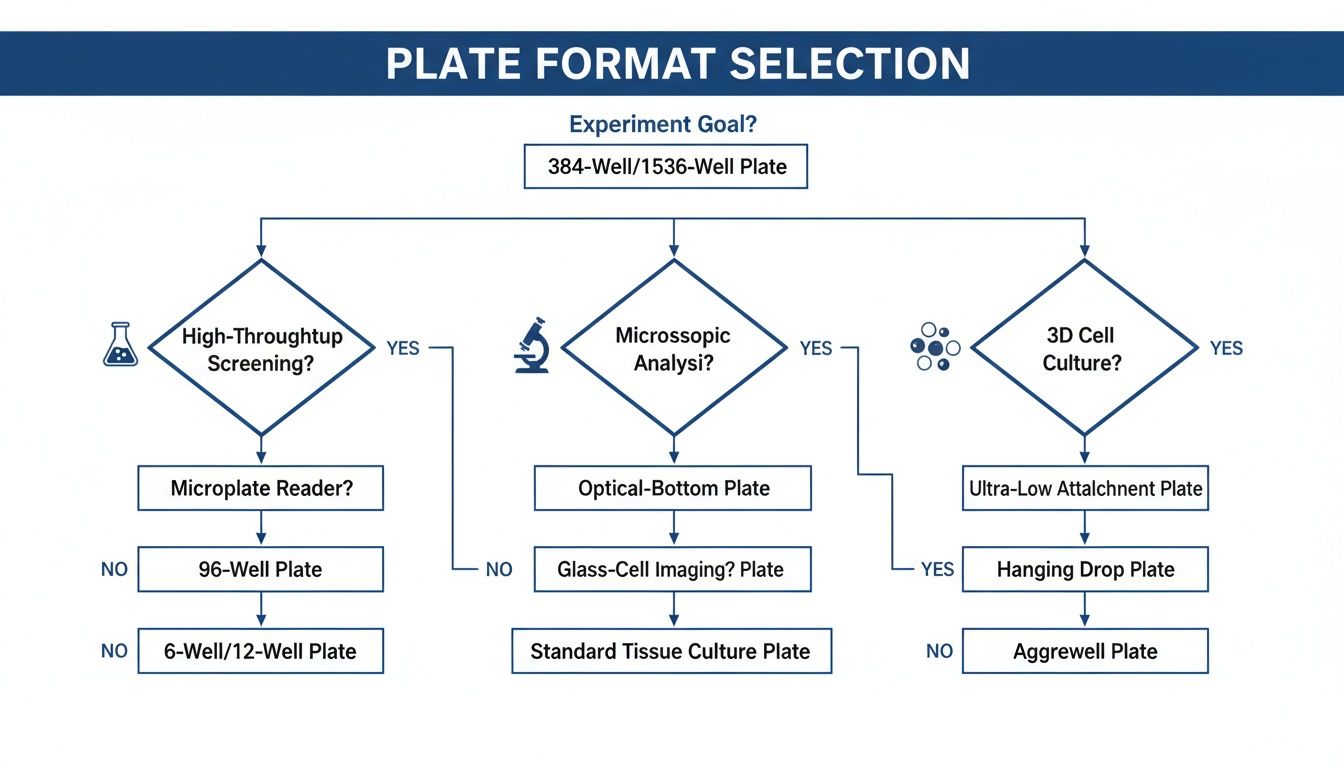 Flowchart guiding the selection of cell culture plate formats for various experimental goals.
