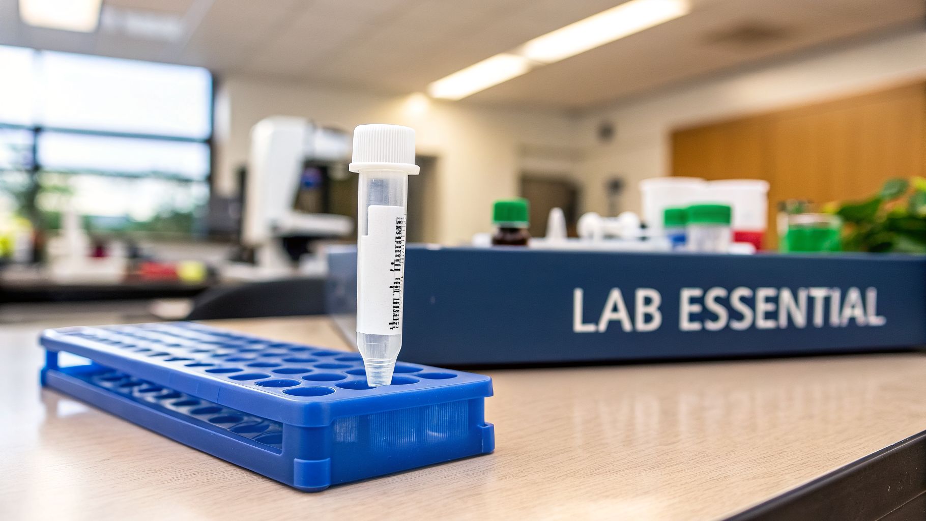 A 15 ml centrifuge tube stands in a blue rack on a lab bench.