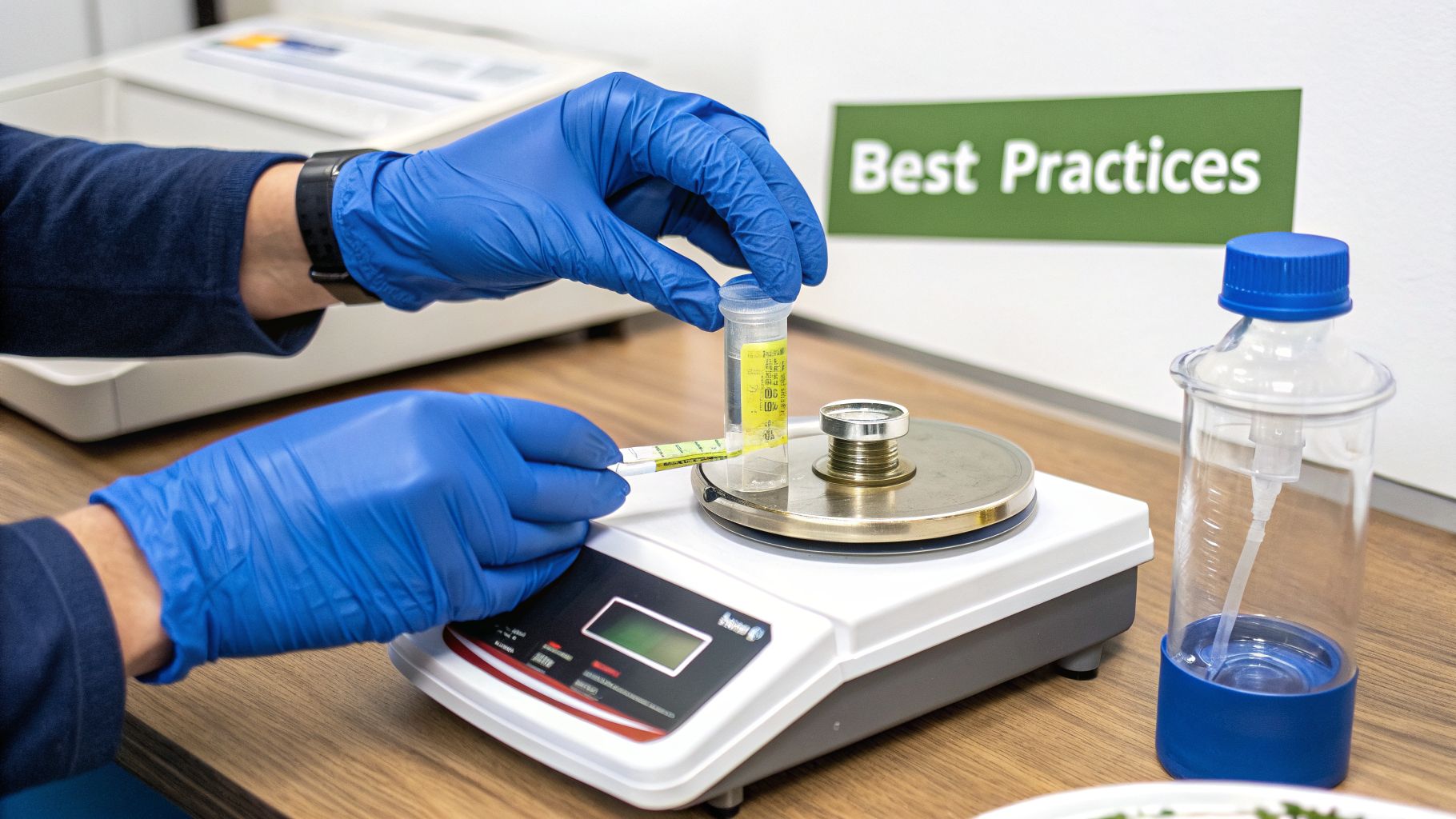 A person in blue gloves weighs a liquid-filled centrifuge tube on a digital scale in a lab setting, with 'Best Practices' sign.