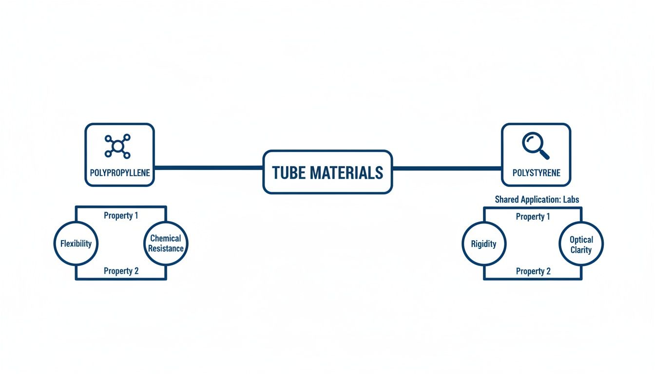 Diagram comparing properties of tube materials: polypropylene (flexibility, chemical resistance) and polystyrene (rigidity, optical clarity) for labs.