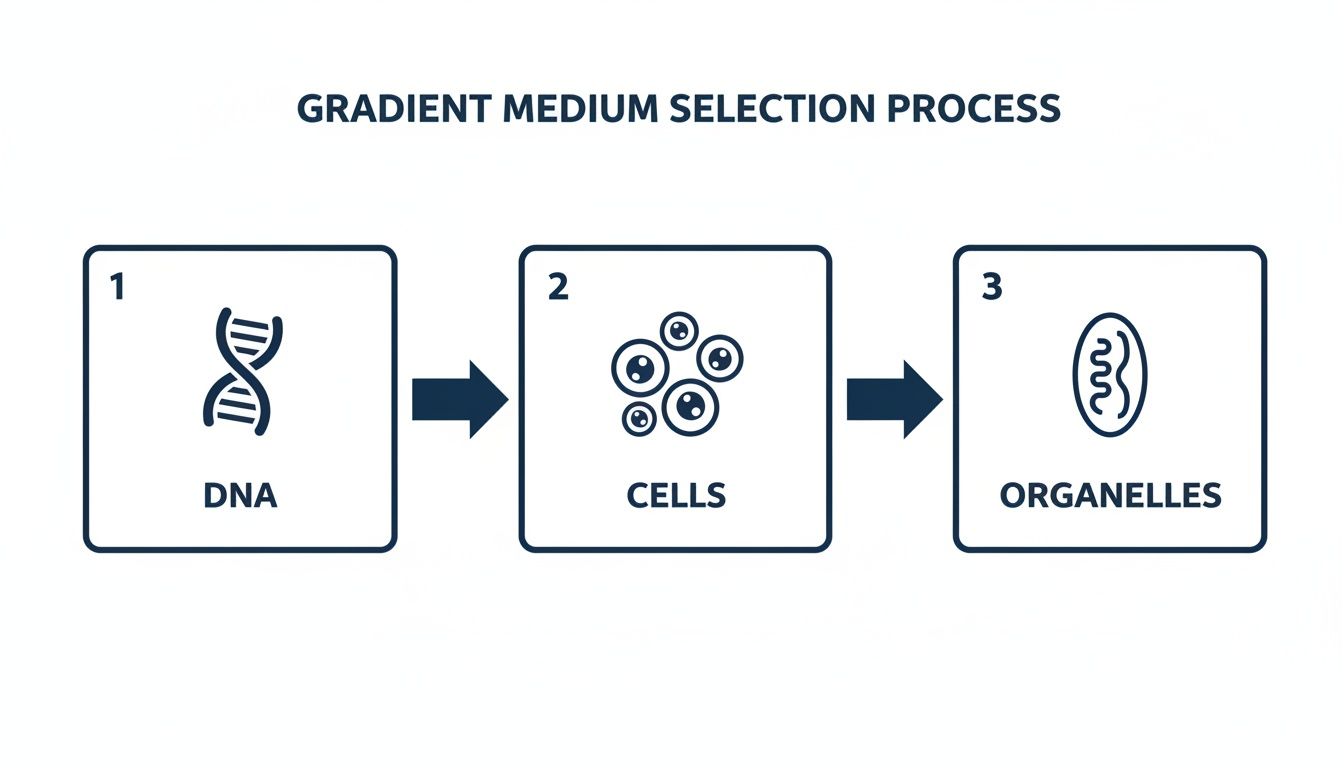 A diagram illustrating the gradient medium selection process, showing the progression from DNA to cells and then to organelles.