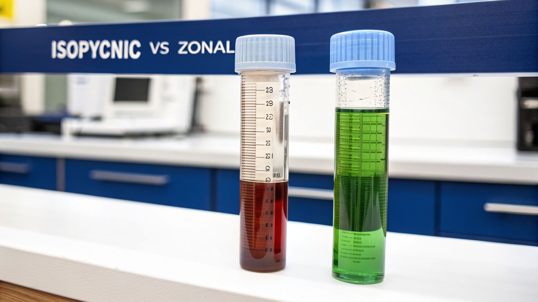 Two lab tubes demonstrate isopycnic vs zonal density gradient centrifugation, one with separated red fluid and one with green.