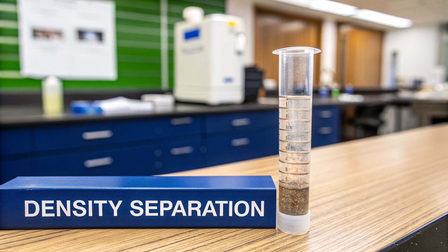 A lab bench with a tube showing density separation of layered sediment and a box labeled 'Density Separation'.