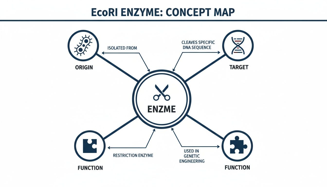 Concept map illustrating the EcoRI enzyme, its bacterial origin, DNA target, and functions in genetic engineering.