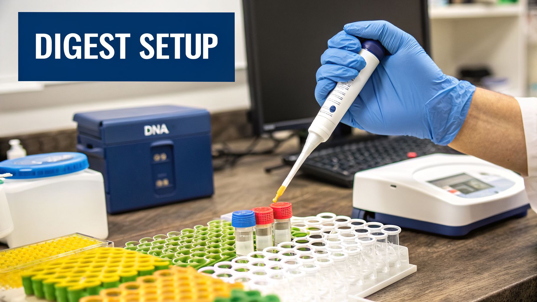 A gloved hand uses a pipette to transfer yellow liquid into clear vials during a DNA digest setup in a lab.