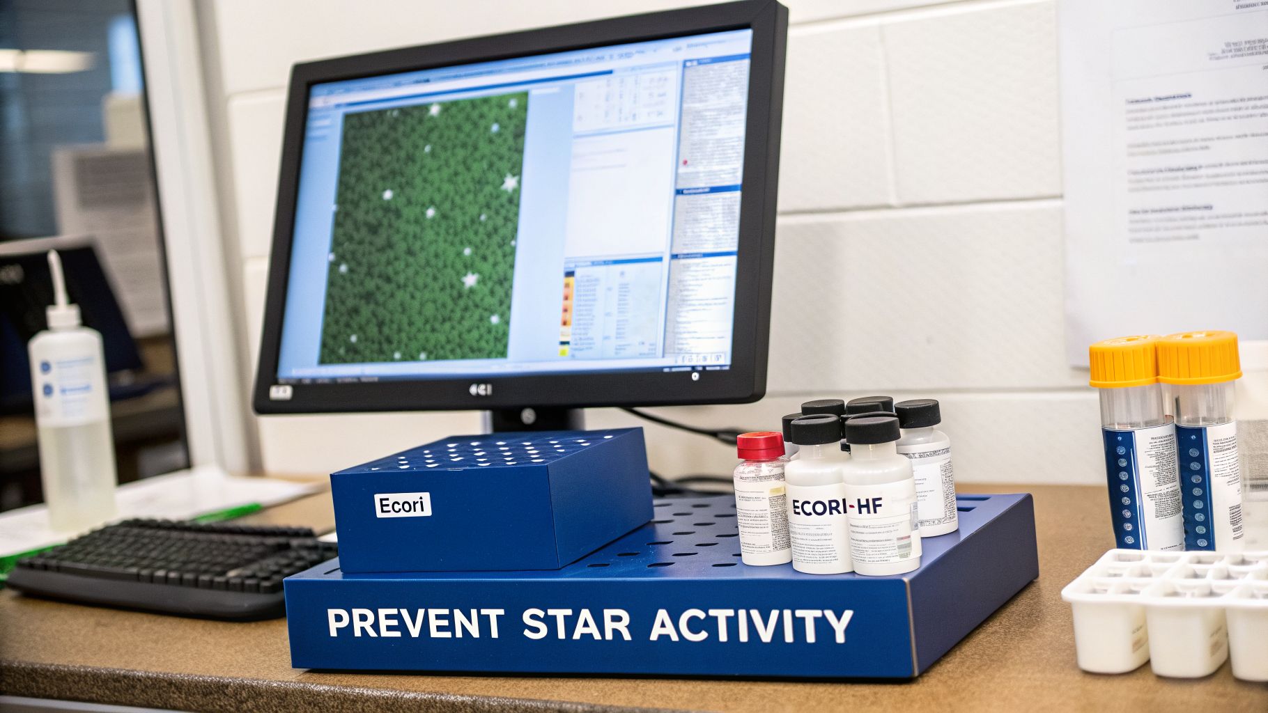 Lab workstation with a computer displaying images, Ecori reagents, and tubes, indicating scientific research.