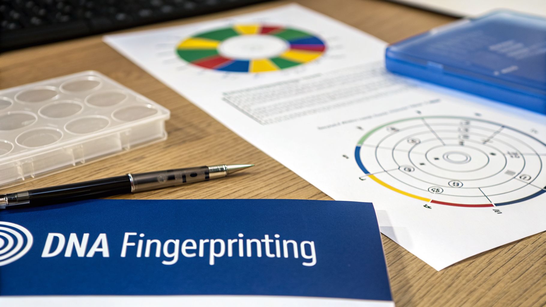DNA Fingerprinting document, lab equipment, pen, and scientific data charts on a wooden desk.