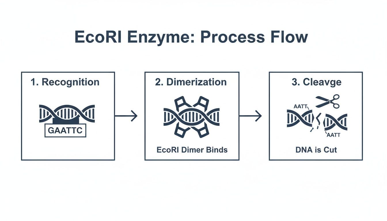 Process flow diagram illustrating EcoRI enzyme's three steps: DNA recognition, dimerization, and cleavage, showing sticky ends.