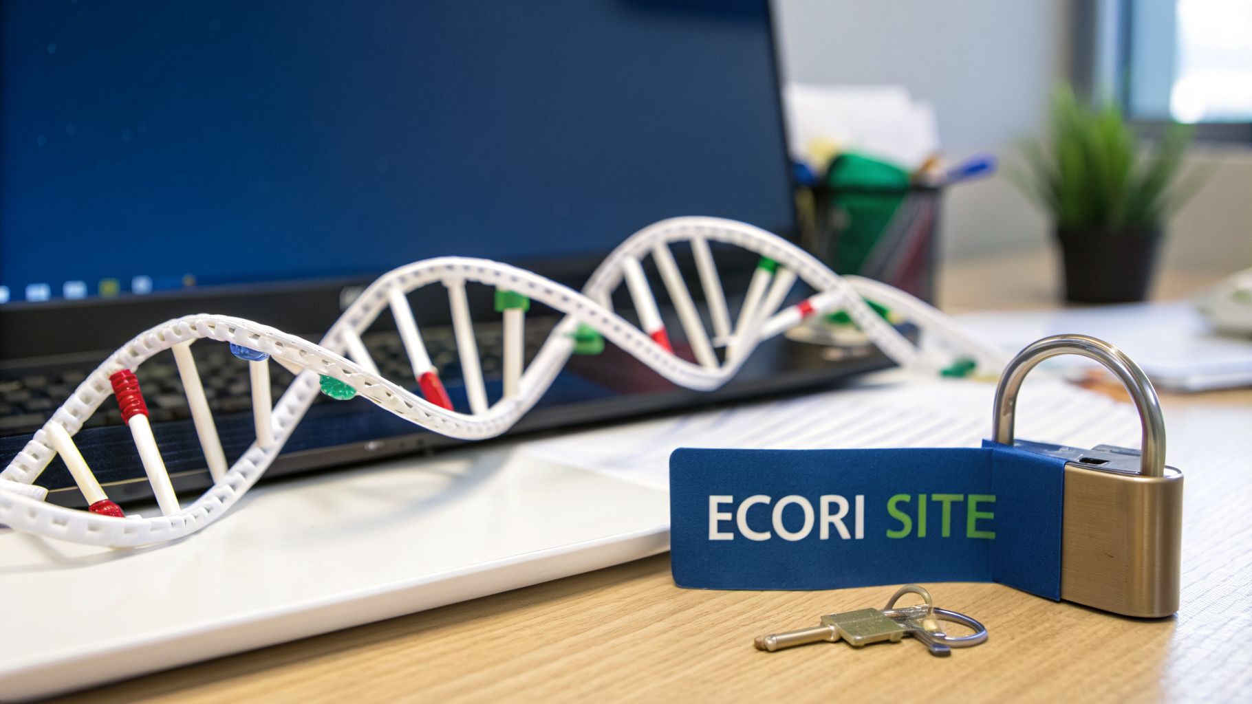 A DNA model on a laptop keyboard, next to a padlock, key, and 'ECORI SITE' label on a wooden desk.