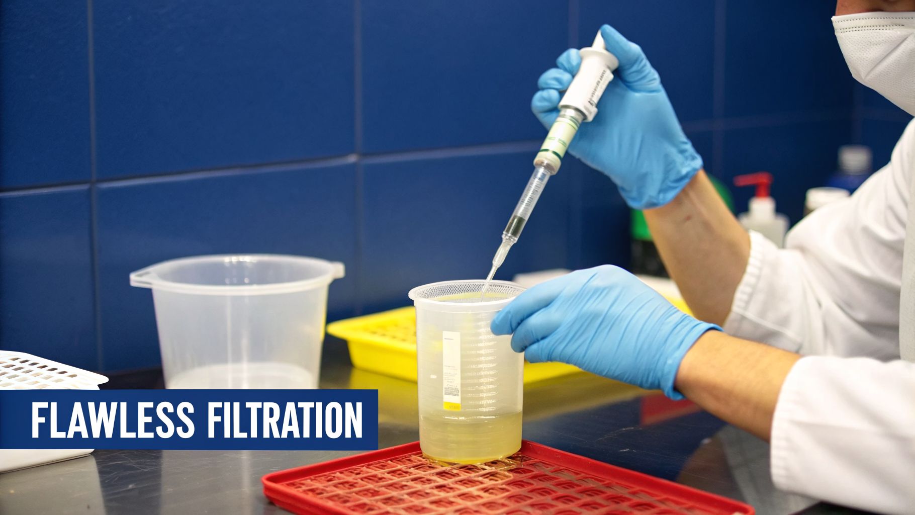 Scientist in blue gloves pipetting yellow liquid from a beaker on a lab bench.