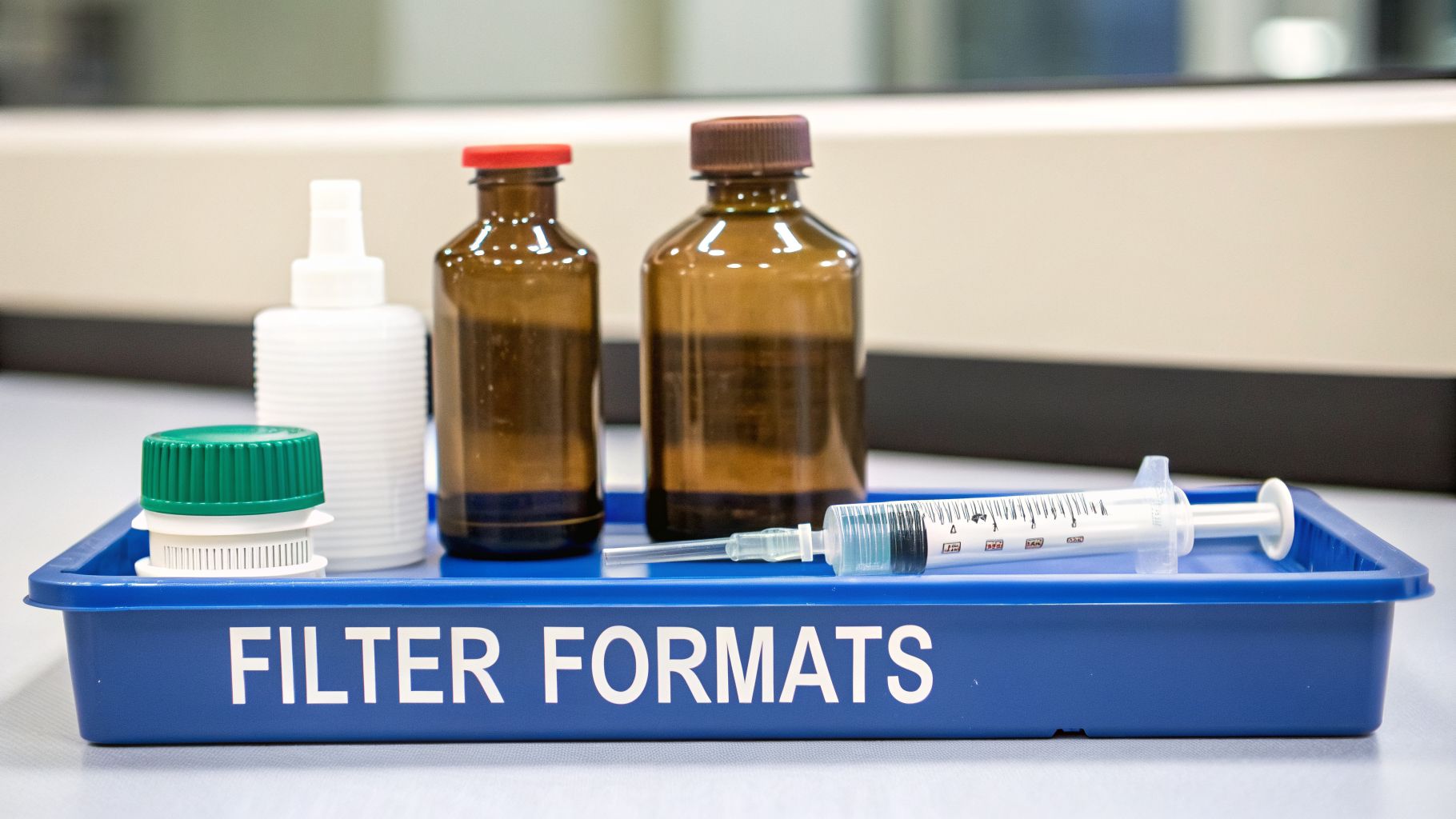 Medical lab supplies on a blue tray, including bottles, a filter unit, and a syringe with blue liquid.
