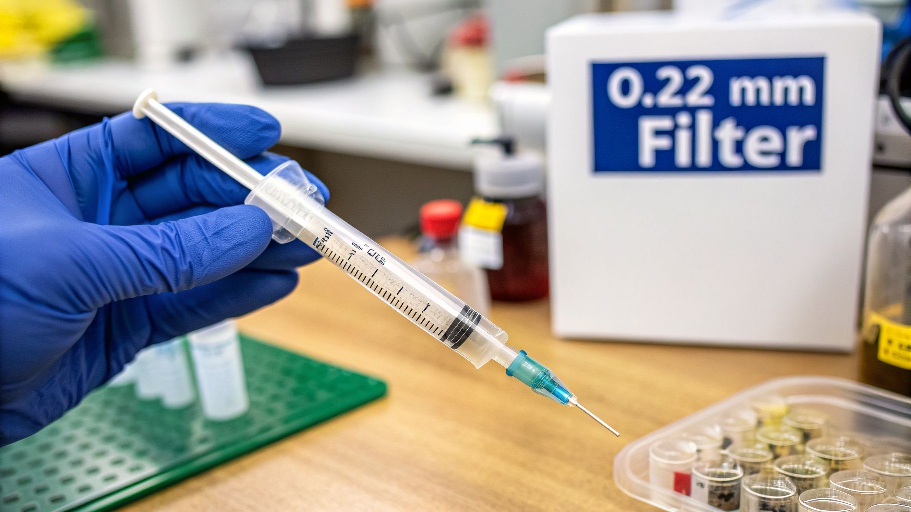 A gloved hand holds a syringe with a needle, with a '0.22 mm Filter' box in the background.