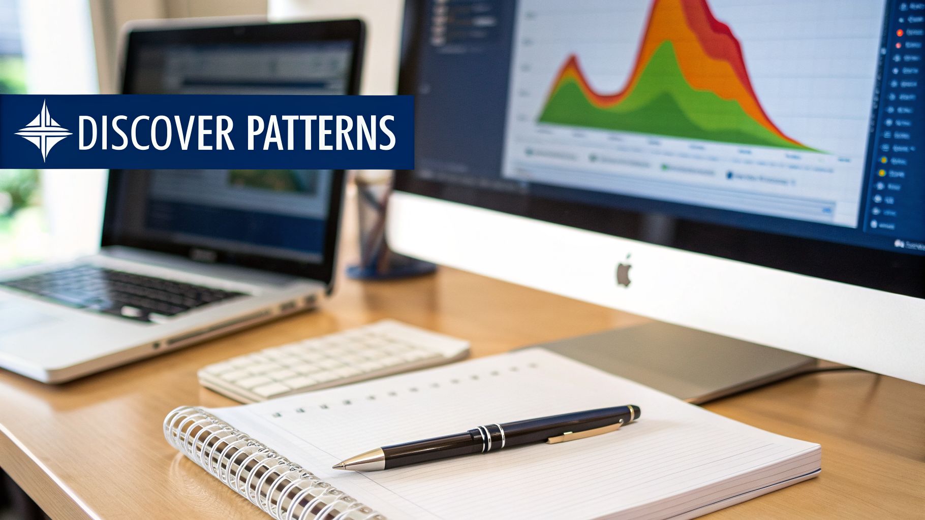 A desk setup with a laptop and a monitor displaying data graphs, illustrating pattern discovery.