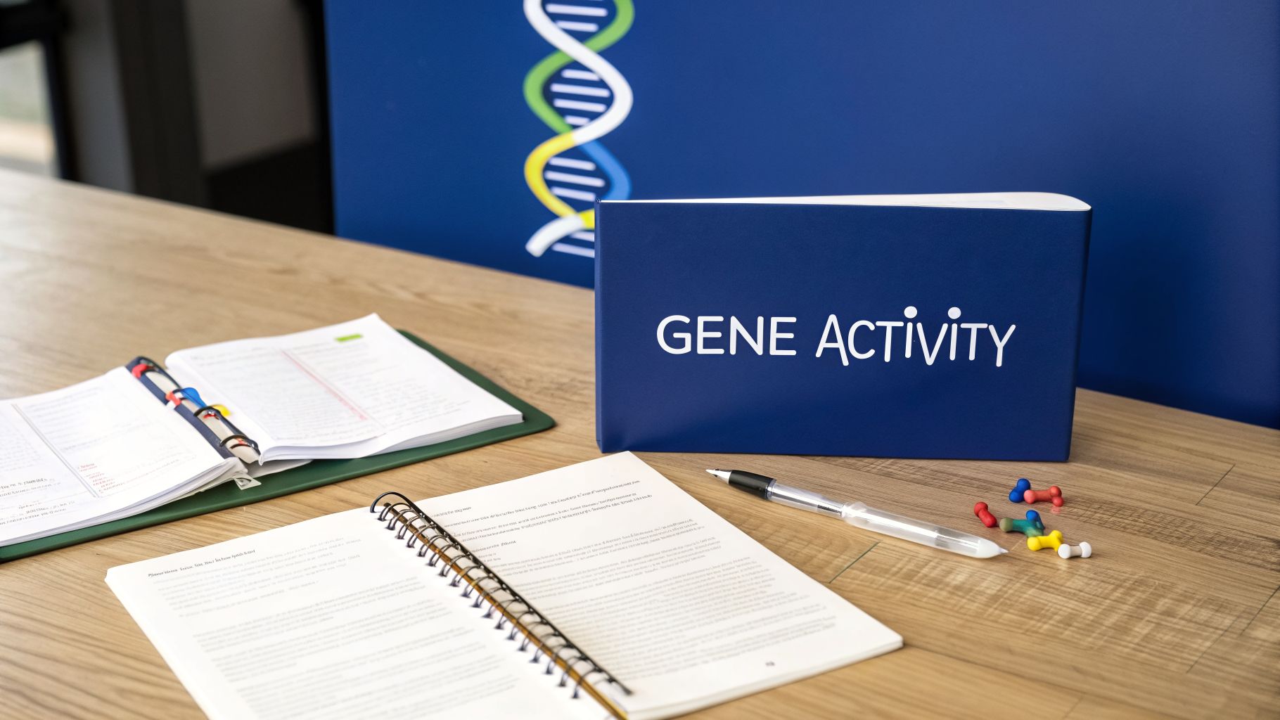 A blue 'GENE ACTIVITY' box on a desk with notebooks, a pen, and a DNA helix poster.