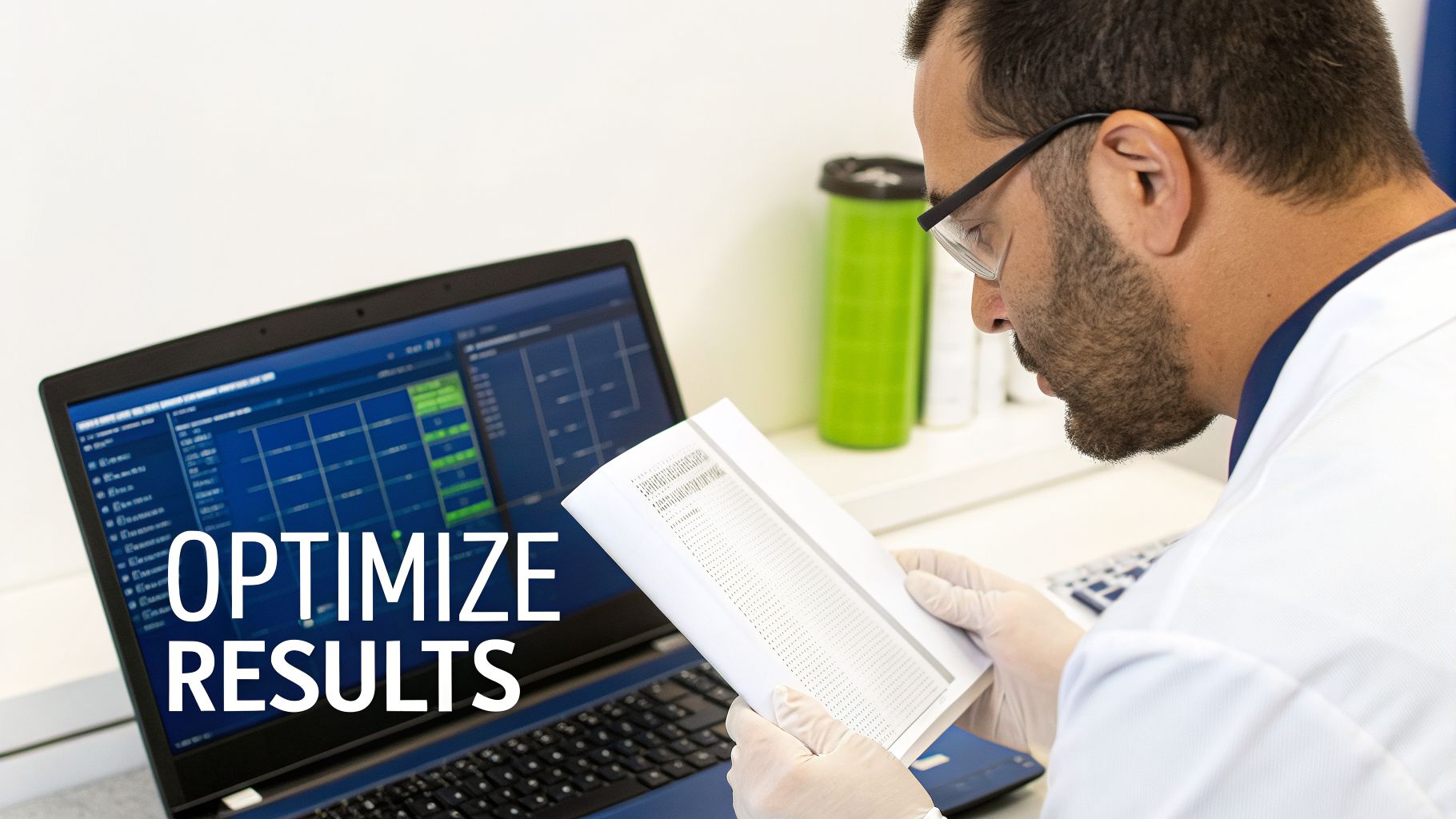 A scientist in a lab coat and gloves analyzes data on a laptop and a booklet, with 'OPTIMIZE RESULTS' text.