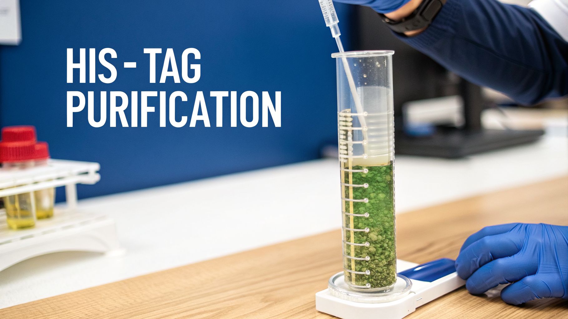 Close-up of a scientist in blue gloves performing His-tag protein purification in a laboratory setting.